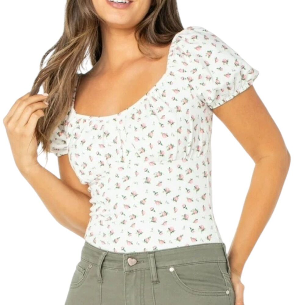 Celebrity Pink Bodysuit Top Blouse Shirt Rose Puff Sleeve Floral Pink White XS